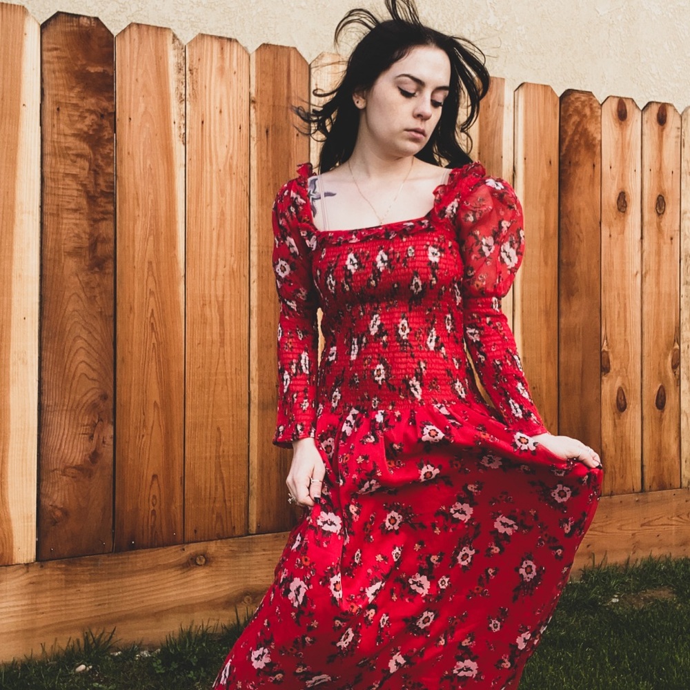 Red floral maxi dress.